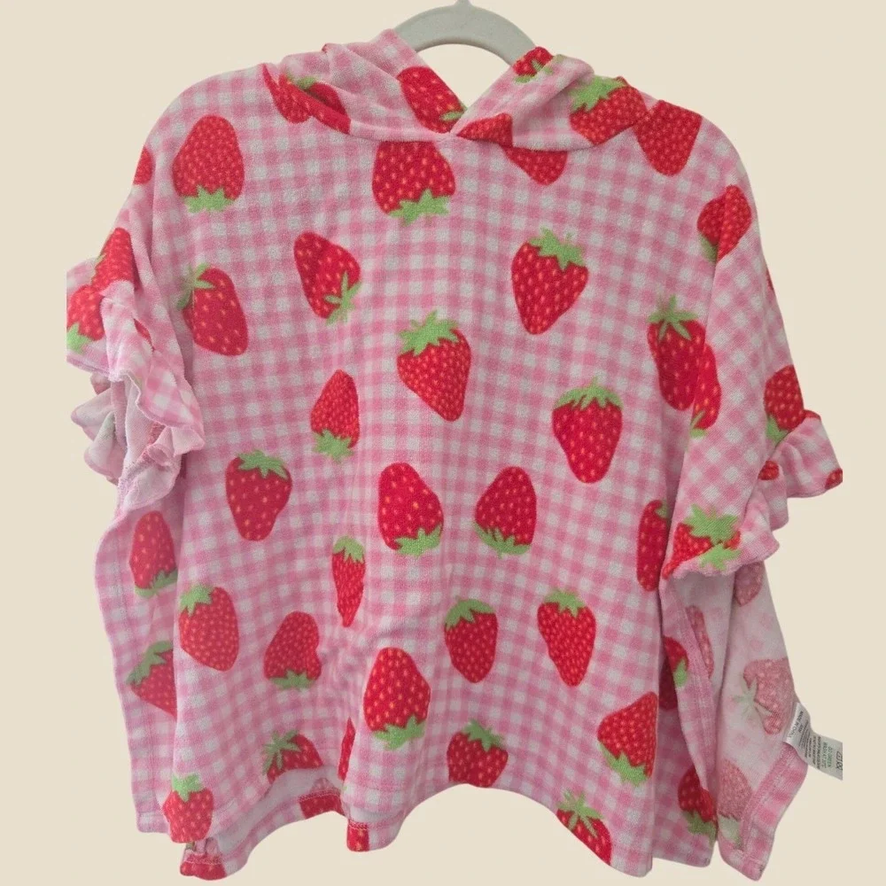 M&S Kids Strawberry Gingham Hooded Towel Poncho Pink White Check Beach Pool Wrap